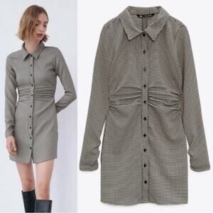 Zara Black and Creme Houndstooth Long Sleeve Mini Dress